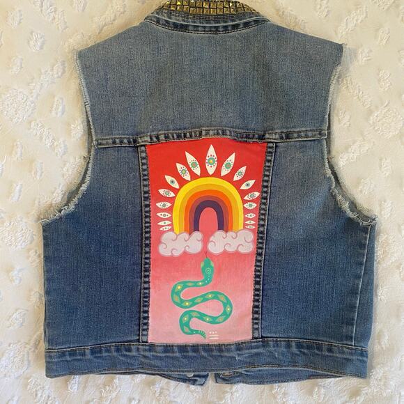 Forever 21 Jackets & Blazers - Hand Painted Denim Vest Festival Hippie Snake Rainbow Womens Size Small Art